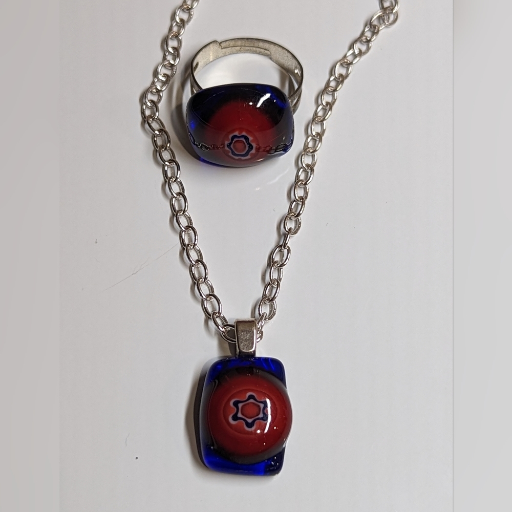 Artisan Handmade Fused glass blue and red ring/necklace set Adjustable
